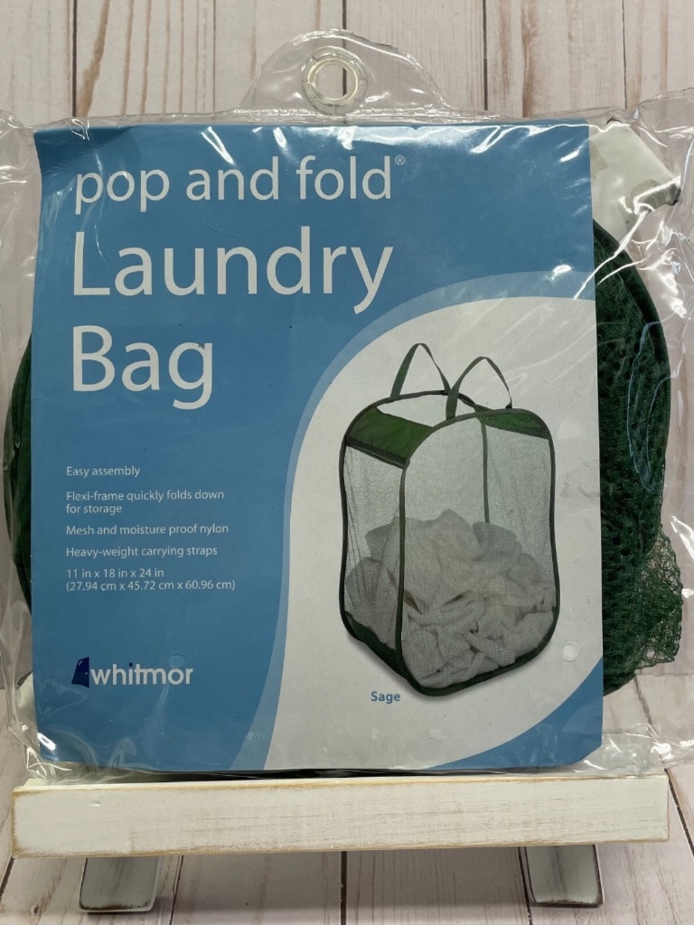 Whitmor Pop and Fold Laundry Bag Hamper Nylon Mesh Dorm Flexi-Frame Sage Green